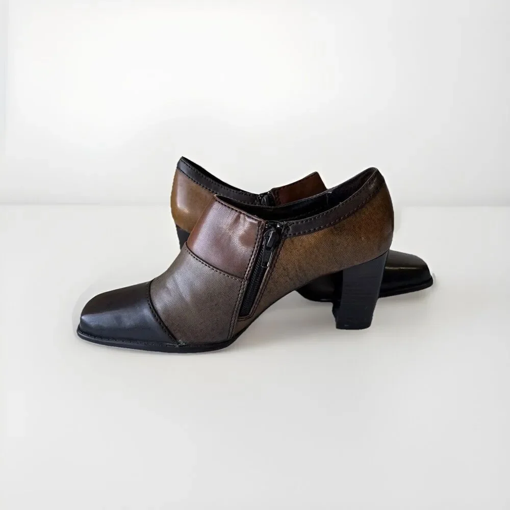 Highlights Women’s Brown Leather Ankle Heels Zipper Booties Size 7.5